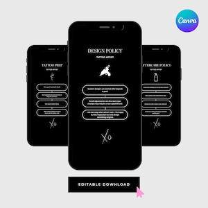 Puede incluir: Tres smartphones negros que muestran información relacionada con tatuajes. El teléfono central muestra una política de diseño con un icono de pistola de tatuaje. Los otros teléfonos muestran instrucciones de preparación y cuidado posterior del tatuaje. Un logotipo de Canva está en la esquina superior derecha y un botón "Descarga editable" en la parte inferior.