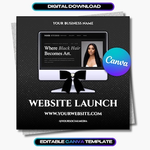 Puede incluir: Plantilla de descarga digital en blanco y negro para el lanzamiento de un sitio web. El diseño presenta un monitor de ordenador con el texto "Where Black Hair Becomes Art". Un lazo negro está en la base del monitor. El logotipo de Canva es visible.