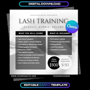 Puede incluir: Una plantilla digital de Canva para un curso de formación en pestañas. El folleto enumera temas como teoría, mapeo y creación de abanicos, junto con inclusiones como un kit profesional, manual y certificado. Precio de $500 con depósito de $150.