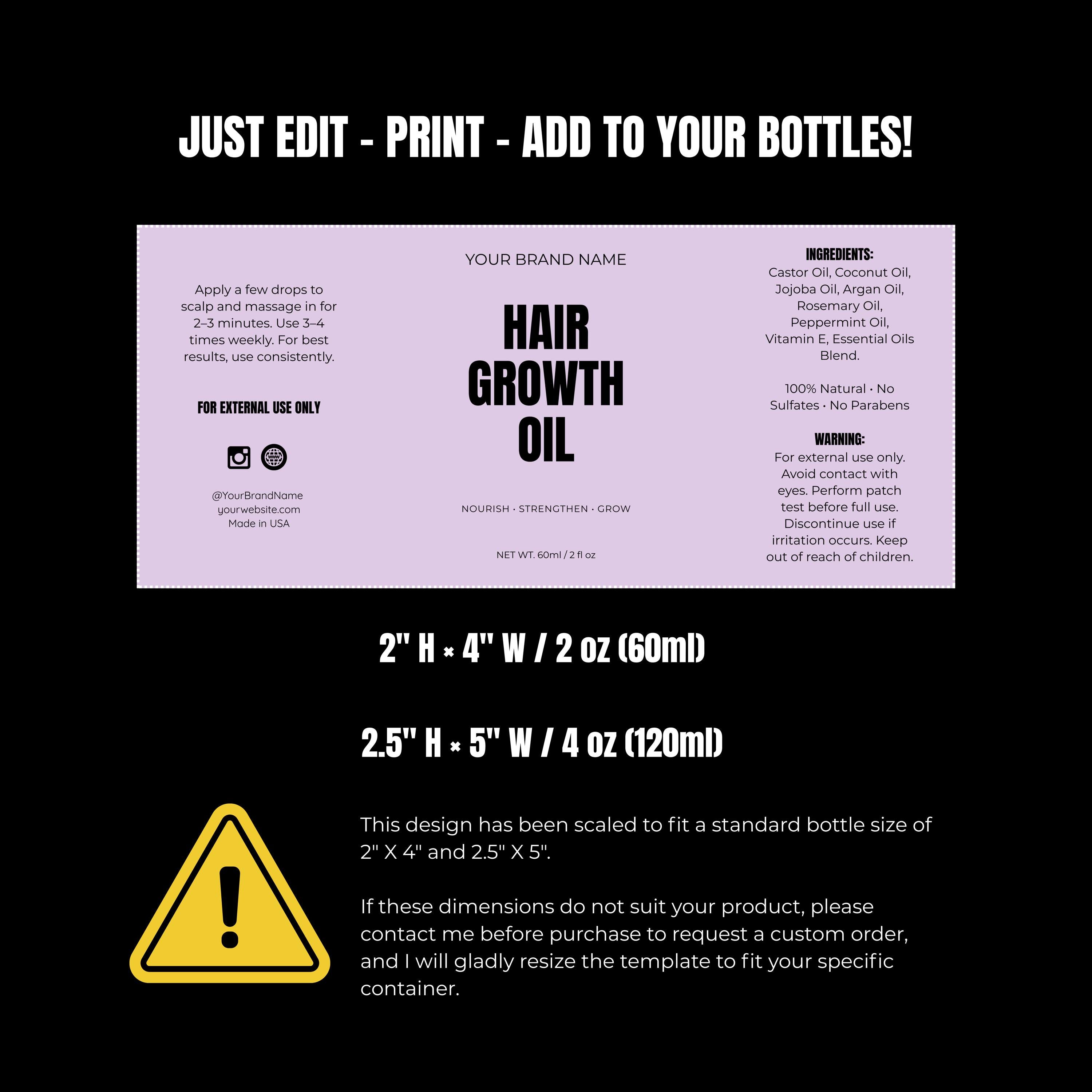 Hair Growth Oil Label Template for Canva: DIY Cosmetic Labels (instant ...