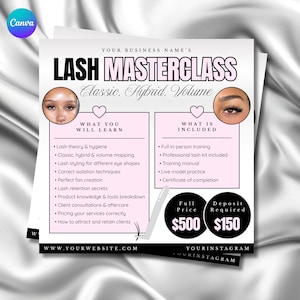 Puede incluir: Un folleto promocional para una Masterclass de pestañas, con texto e imágenes. El folleto incluye información sobre lo que se aprenderá, lo que se incluye y los precios. El folleto es en tonos de rosa, blanco y negro.