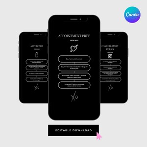 May include: Three black smartphones displaying piercing information. The central phone shows appointment prep details, including eating a meal, staying hydrated, and bringing ID. The other phones show aftercare and cancellation policies. The bottom of the image has the text "EDITABLE DOWNLOAD".