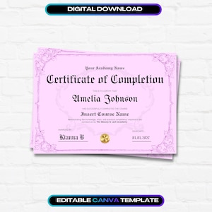 May include: A light pink digital certificate of completion template featuring dark purple ornate borders and black text. The document includes placeholders for an academy name, student name, course name, instructor name, and the date 01.01.2027.