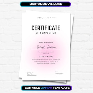 Pode incluir: Um modelo de certificado de conclusão branco com texto preto e um gradiente circular rosa suave no centro. O documento inclui espaços reservados para o nome da escola, nome do destinatário, nome do curso, data e linhas para assinaturas.