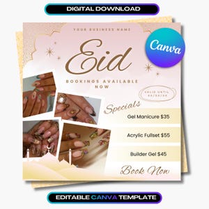 Puede incluir: Un anuncio de descarga digital para servicios de uñas Eid. El diseño presenta un fondo degradado rosa y dorado con la palabra "Eid" en escritura elegante. Incluye ejemplos de arte de uñas, ofertas especiales y un llamado a la acción "Reservar ahora".