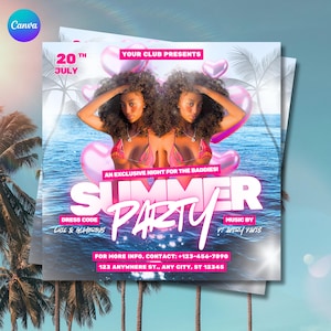May include: A promotional flyer for a summer party. The design features two women in pink bikinis floating in water with heart-shaped floats. Text includes "Summer Party," date, dress code, and contact information.
