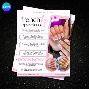 Puede incluir: Un folleto rosa y blanco que promociona "French Tip Specials" para servicios de uñas. El folleto incluye imágenes de uñas manicuradas con puntas blancas y el texto "Classic, clean & timeless nails for every occasion."