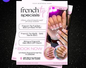 Modello di volantino rosa "French Tip Specials" / Canva modificabile (download digitale)