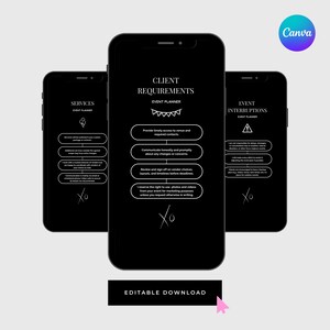May include: Three black smartphones displaying event planning information. The screens show text about services, client requirements, and event interruptions. The Canva logo is in the upper right corner, and the words "EDITABLE DOWNLOAD" are at the bottom.