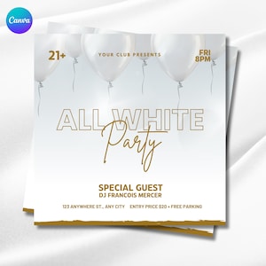 Elegant White Party Flyer Template: DIY Event Invitation (Canva)