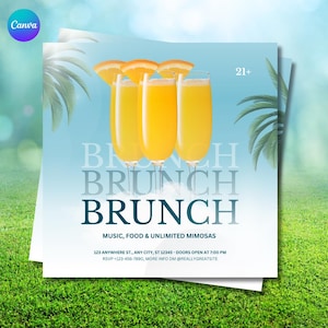 May include: A stack of brunch flyers with a blue and green background. The flyers feature three glasses of mimosa with orange slices, and the word "BRUNCH" in large, bold letters. The text also includes "MUSIC, FOOD & UNLIMITED MIMOSAS" and "21+".