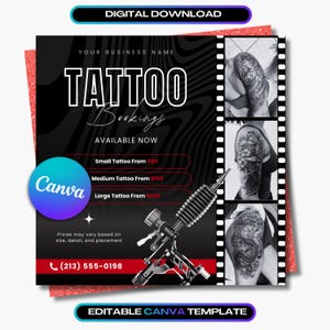 May include: A digital download advertisement for tattoo bookings. The design features the text "TATTOO Bookings" and "AVAILABLE NOW" on a black and white wavy background. Includes a tattoo machine graphic and sample tattoo images.