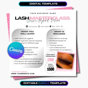 Puede incluir: Plantilla digital rosa y blanca para una Masterclass de pestañas. La plantilla incluye información sobre lo que se aprenderá, lo que se incluye y los precios. El logotipo de Canva es visible. Plantilla para redes sociales.