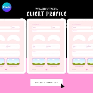 Modèle de profil de cliente de cils | Formulaire d'extension de cils modifiable | Dossier client et carte des cils Lash Tech | Toile imprimable A4