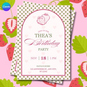 Strawberry Shortcake Birthday Invitation | Editable Canva Template | Strawberry Party Invite | Girls Birthday | Berry Sweet | 5x7&quot;