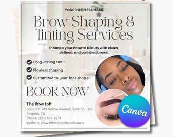 Szablon ulotki Brow Tech Canva | Post na Instagramie o modelowaniu i farbowaniu brwi | Edytowalna ulotka do rezerwacji laminacji brwi do pobrania w wersji cyfrowej