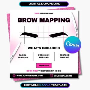 Pode incluir: Um modelo digital para download para mapeamento de sobrancelhas, com o texto "BROW MAPPING" e "WHAT'S INCLUDED". O design inclui ilustrações de sobrancelhas com linhas de mapeamento, um logotipo Canva e o texto "FACIAL ANALYSIS", "PRECISION MAPPING" e "BESPOKE SHAPING".