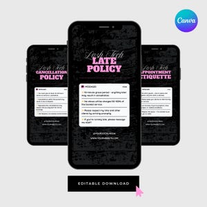 Op de afbeelding: Drie zwarte smartphones met informatie over het lash tech-beleid. De telefoons tonen details over annulering, te laat beleid en afspraak etiquette in roze tekst. Het Canva-logo staat rechtsboven en een knop "Bewerkbare download" staat onderaan.
