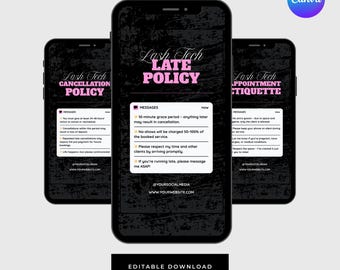 Política de Lash Tech: Destacados de Instagram / Mensajes de texto / Tarde / Reservas / Preparación de pestañas / Cancelación / Etiqueta de citas