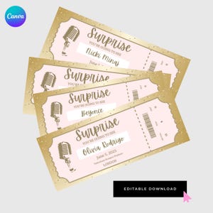 Bearbeitbare Konzertkarten-Überraschungsvorlage | Canva Digitales Ticket | Geschenkidee | Ausdruckbare Geschenkgutschein | Gold und Pink Design