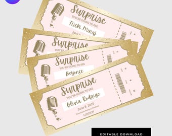 Editable Concert Ticket Template: Gold & Pink Surprise Gift (Digital Download)