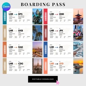 Modelo de Cartão de Embarque Editável | 8 Designs Surpresa para Bilhetes de Férias + Em Branco | Modelo de Bilhete de Avião Canva | Imprimível 2250x900px