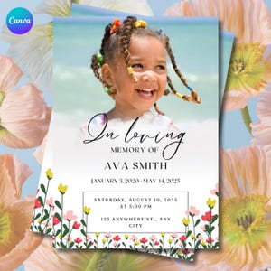 Plantilla de invitación floral para conmemorar a un niño / Tarjeta funeraria editable en Canva / Celebración de la vida de un niño / Anuncio en memoria de un niño