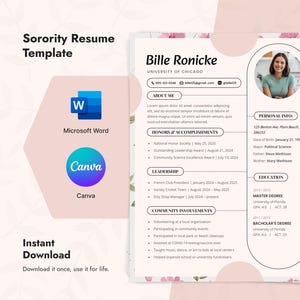 May include: A sorority resume template with a soft pink and white floral design. The resume includes sections for contact information, education, honors, leadership, and community involvement. The template is compatible with Microsoft Word and Canva, and is available for instant download.