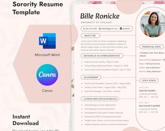 Pink Floral Sorority Resume Template: Cover Letter & Rush Packet (Digital Download)