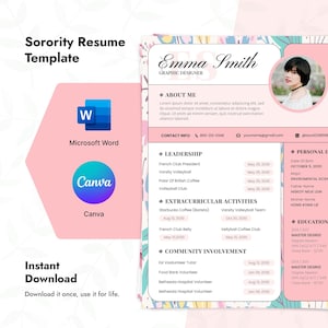 Pink Sorority Resume Template Word | Stylish Sorority Recruitment Cover Letter Template | Social Resume Pack | Rush Resume Template Canva