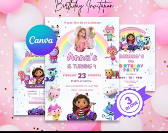 Gabbys Puppenhaus-Geburtstagseinladungspaket, 3 bearbeitbare Canva-Vorlagen, druckbare Partyeinladung, sofortiger Download