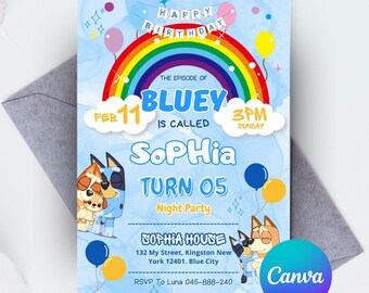 Bing Geburtstagseinladung bearbeitbare Bluey-Einladung und Bingo-Geburtstags-Einladung Bluey-Geburtstags-Party einladen