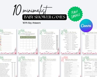 Druckbares Baby in Bloom Babypartyspiel-Spaß-Bundle, bearbeitbare Baby Bingo Canva-Vorlage, rosa Blumen-Baby-Quiz, geschlechtsneutrale Babyspiele