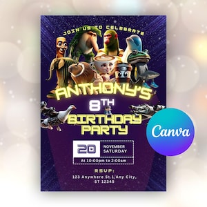 Puede incluir: Una invitación púrpura para una fiesta de cumpleaños con personajes de dibujos animados. La invitación dice "8º Cumpleaños de Anthony" con detalles del evento. El logotipo de Canva está en la esquina inferior derecha.
