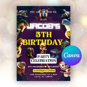 Może przedstawiać: Fioletowe zaproszenie na przyjęcie urodzinowe z napisem "5. urodziny Jacoba, uroczystość". Zaproszenie zawiera ilustracje z kreskówek i logo Canva.