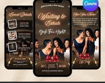 Warten auf die Exhale Games Night Einladung bearbeitbare Canva Vorlage, Sofort Download Evite für Girls Night Geburtstagsparty