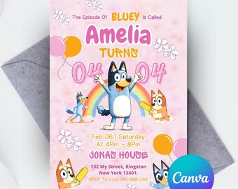 Bluey Geburtstagseinladung Bing Geburtstagseinladung bearbeitbar Bluey und Bingo-Geburtstagseinladung Bluey-Geburtstagsfeier einladen, Canva Editable