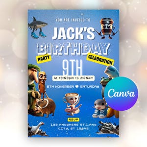 Może przedstawiać: Niebieskie zaproszenie na przyjęcie urodzinowe z napisem "Jack's Birthday 9th". Zaproszenie zawiera ilustracje z kreskówek rekina, filiżanki kawy i innych postaci. Data to 9 listopada.