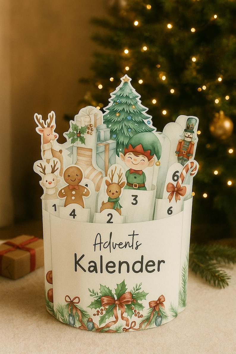 May include: A white Advent calendar with festive illustrations of reindeer, elves, gingerbread men, and a Christmas tree. The calendar has numbered compartments and the words "Advents Kalender" printed on the front.