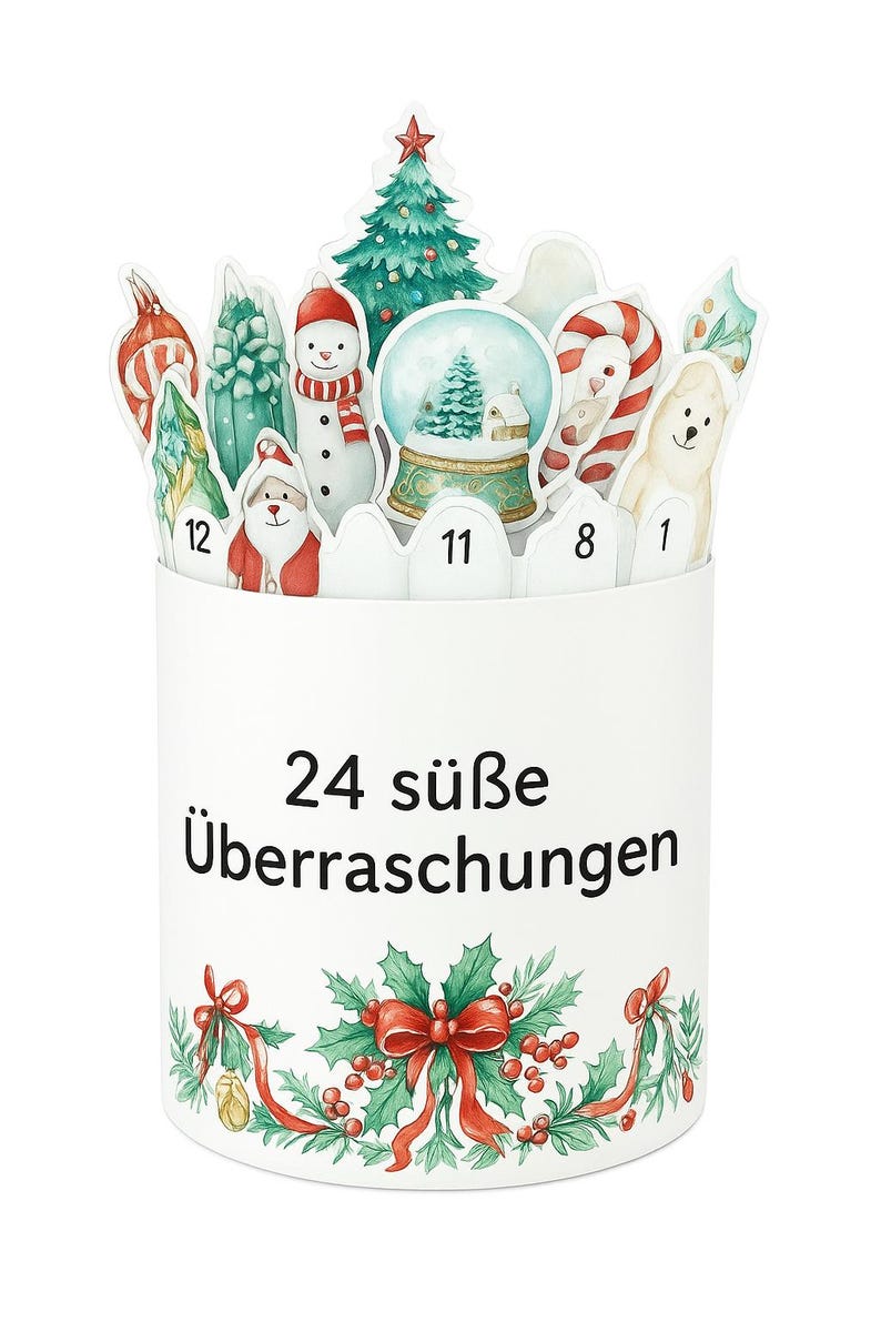 May include: A white cylindrical advent calendar with festive cutouts of a snowman, Santa, a Christmas tree, and a snow globe. The calendar has the text "24 s&uuml;&szlig;e &Uuml;berraschungen" and is decorated with holly and a red bow.