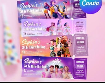 Kpop Demon Hunter Goldene Einladung, kpop Geburtstagseinladung Ticket Pass, bearbeitbare Huntrix Demon Slayer Canva Vorlage