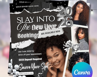 Canva-sjabloon boekingsfolder januari | Nieuwjaarsboeking Flyer voor haarvlechten, wimpers, nagels en make-up | Bewerkbare schoonheidsmarketing voor salons