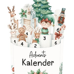 May include: Watercolor Advent calendar with festive illustrations. Features a Christmas tree, gifts, reindeer, an elf, a gingerbread man, and a nutcracker. The words "Advents Kalender" are printed on the front. Numbers 1-6 are visible.