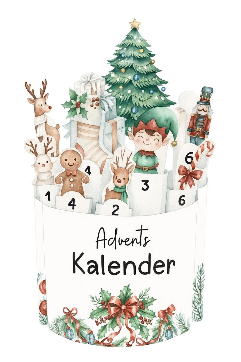 May include: Watercolor Advent calendar with festive illustrations. Features a Christmas tree, gifts, reindeer, an elf, a gingerbread man, and a nutcracker. The words "Advents Kalender" are printed on the front. Numbers 1-6 are visible.