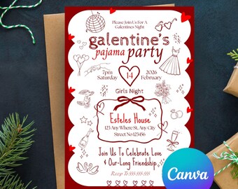 Galentine's Pyjama Party Einladung, rosa Schleife, bearbeitbare Canva Vorlage (Digitaler Download)