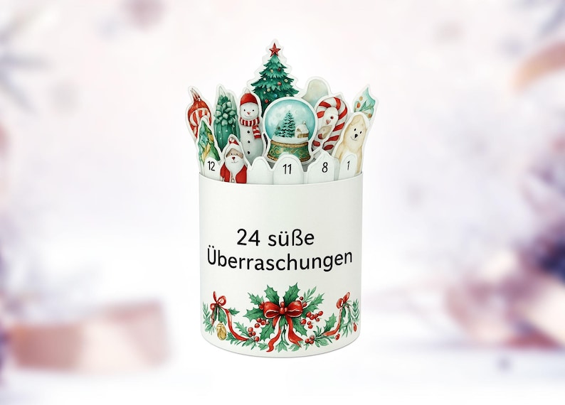 May include: A white Christmas advent calendar with 24 slots, each featuring a festive illustration. The top has cutouts of a Christmas tree, snowman, and candy cane. The base is decorated with holly and a red bow.