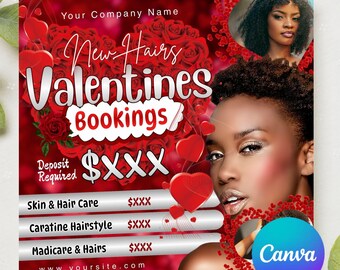 Februar-Buchungsflieger, Valentinstag-Buchungsflieger, Februar-Buchung, Feiertagsangebote-Flyer, Make-up, Haare, Wimpern, Nägel, Canva Bearbeitbar