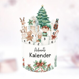 May include: A watercolor Advent calendar with a Christmas theme. It features a Christmas tree, elf, reindeer, gingerbread man, and gifts. The calendar has numbered compartments and the words "Advents Kalender" on the front.