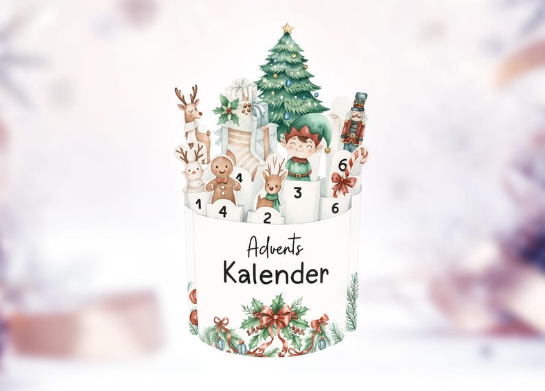 May include: A watercolor Advent calendar with a Christmas theme. It features a Christmas tree, elf, reindeer, gingerbread man, and gifts. The calendar has numbered compartments and the words "Advents Kalender" on the front.