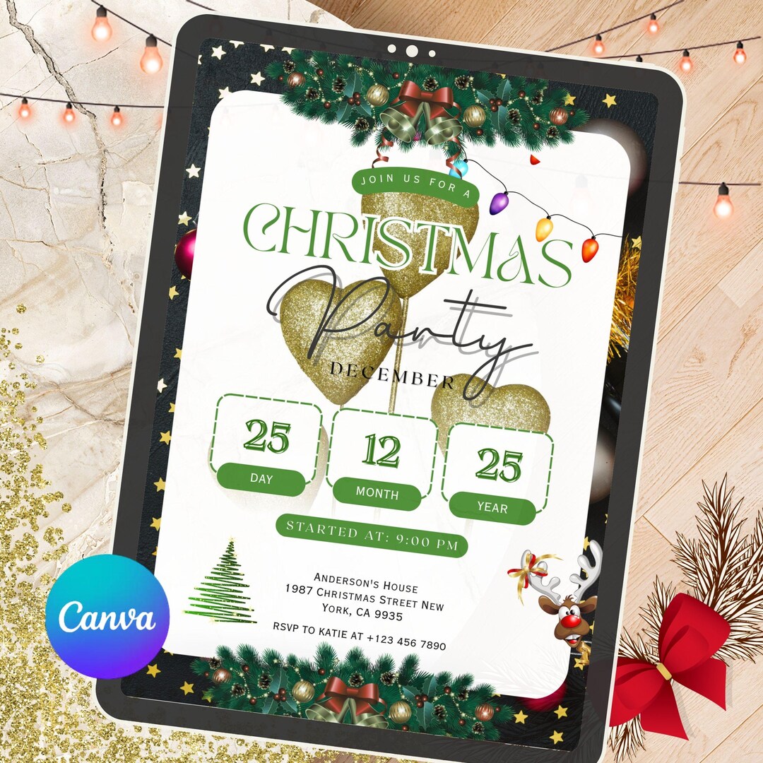 Elegant Watercolor Christmas Party Invitation - Editable Canva Template ...